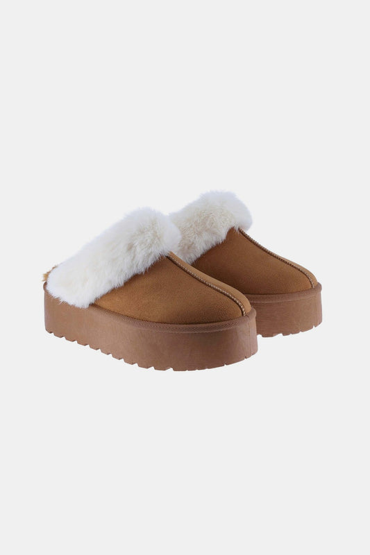 KRE Prime Women Thick Bottom Fur Trim Snow Tan Slippers - KRE PRIME ®