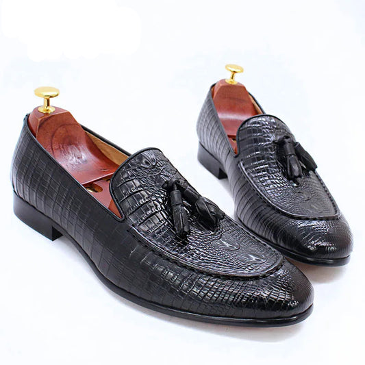 KRE PRIME Men Loafers Shoes Black Coffee Crocodile Prints Slip on Tassels Loafers Casual Men Shoes Formal Dress Leather Shoes Men - KRE Prime