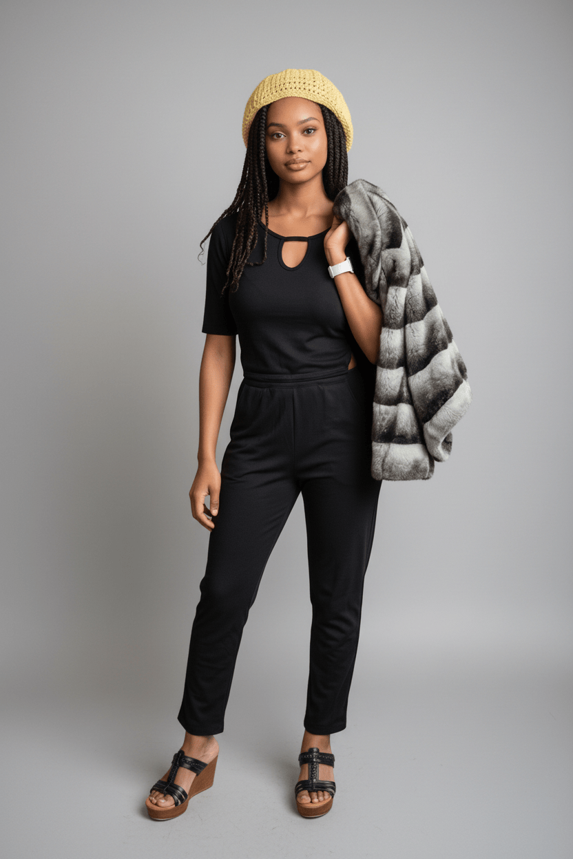 Black KRE Prime women's dual-top convertible jumpsuit with adjustable straps and sleek fit, designed for versatile style and comfort.
