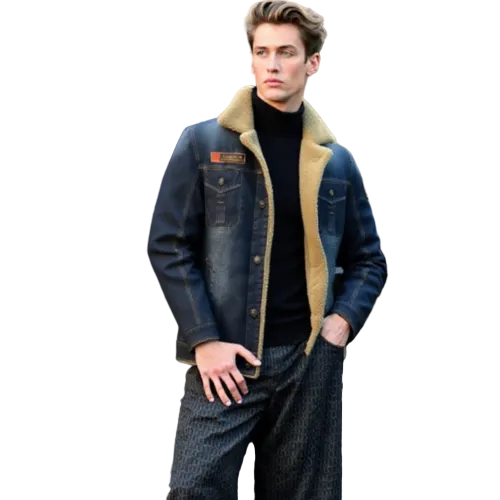 KRE PRIME men's denim jean jacket with warm faux-fur lining