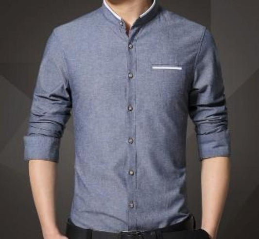 KRE PRIME men's cotton-blend Mandarin collar shirt in gray and blue