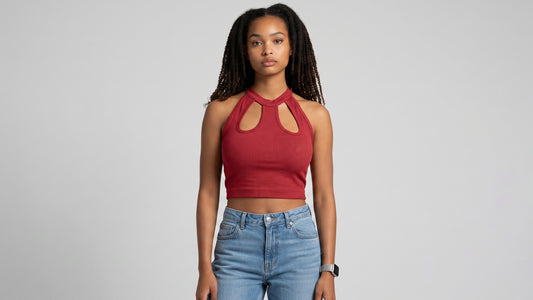 KRE PRIME Women's red ribbed crop top with cut-out detail and halter neck. Made from polyester and elastane.
