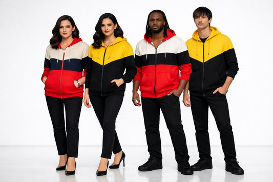KRE Prime Unisex zip-up hoodie in color block red, navy, cream, yellow, and black. Features kangaroo pocket, drawstring hood.