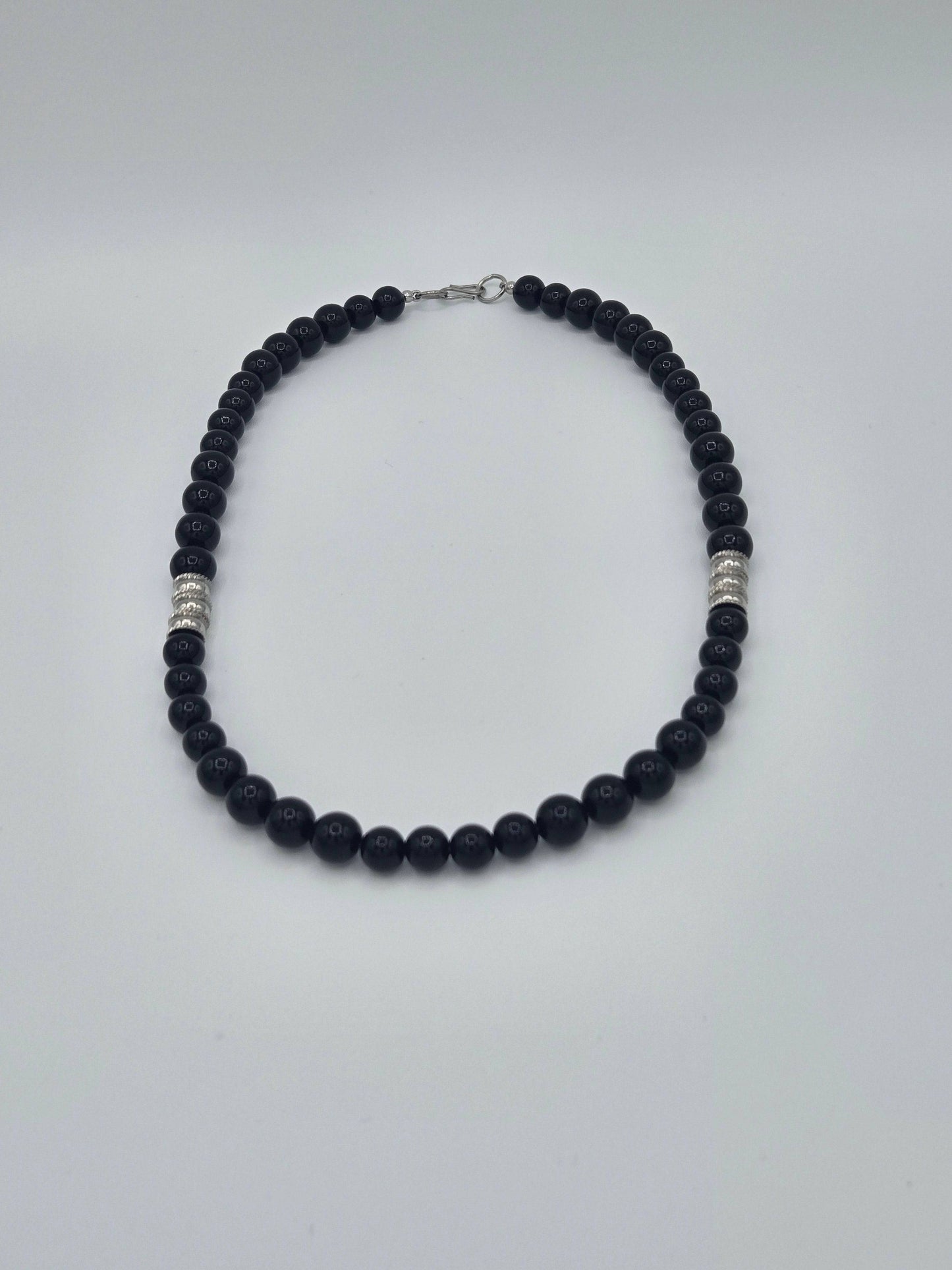 KRE PRIME Men 18-inch Eclipse Bead Necklace with black beads and silver clasp, stylish men's jewelry accessory.