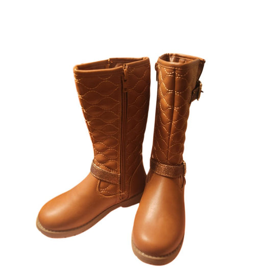 KRE Prime Girls Quilted Design Knee High Riding Boots with Glitter Straps for Kids: Rust - KRE Prime