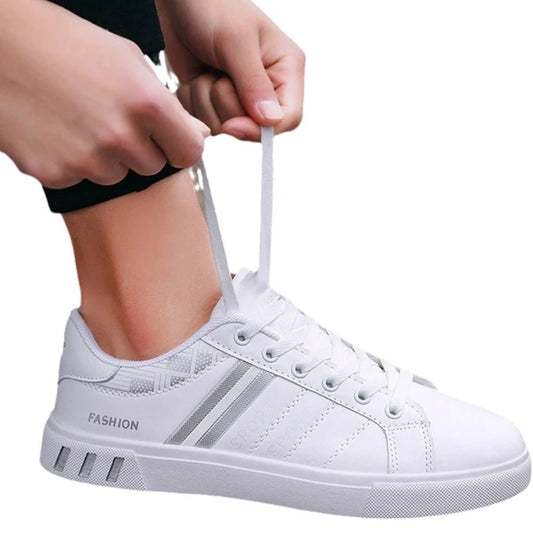 KRE Prime Men Sports Casual Breathable Leather White Flat Sneakers Shoes - KRE Prime