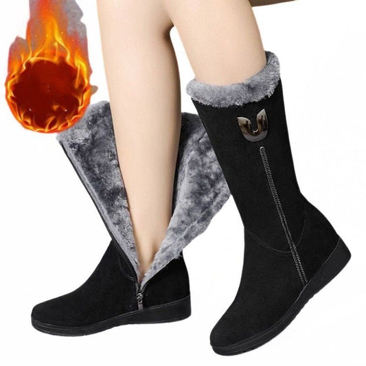 KRE Prime Warm Chelsea High Fur Boots Women Winter Shoes for Women Chunky Mid-calf Plush Snow Flat Boots ZIP Fashion Botas De Mujer - KRE Prime