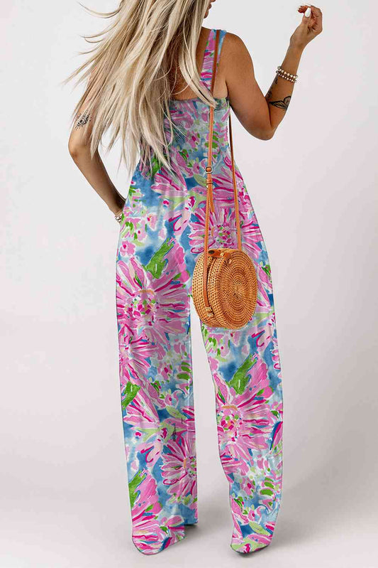 KRE PRIME women's floral smocked square neck jumpsuit with pockets, featuring a stylish design and comfortable fit.