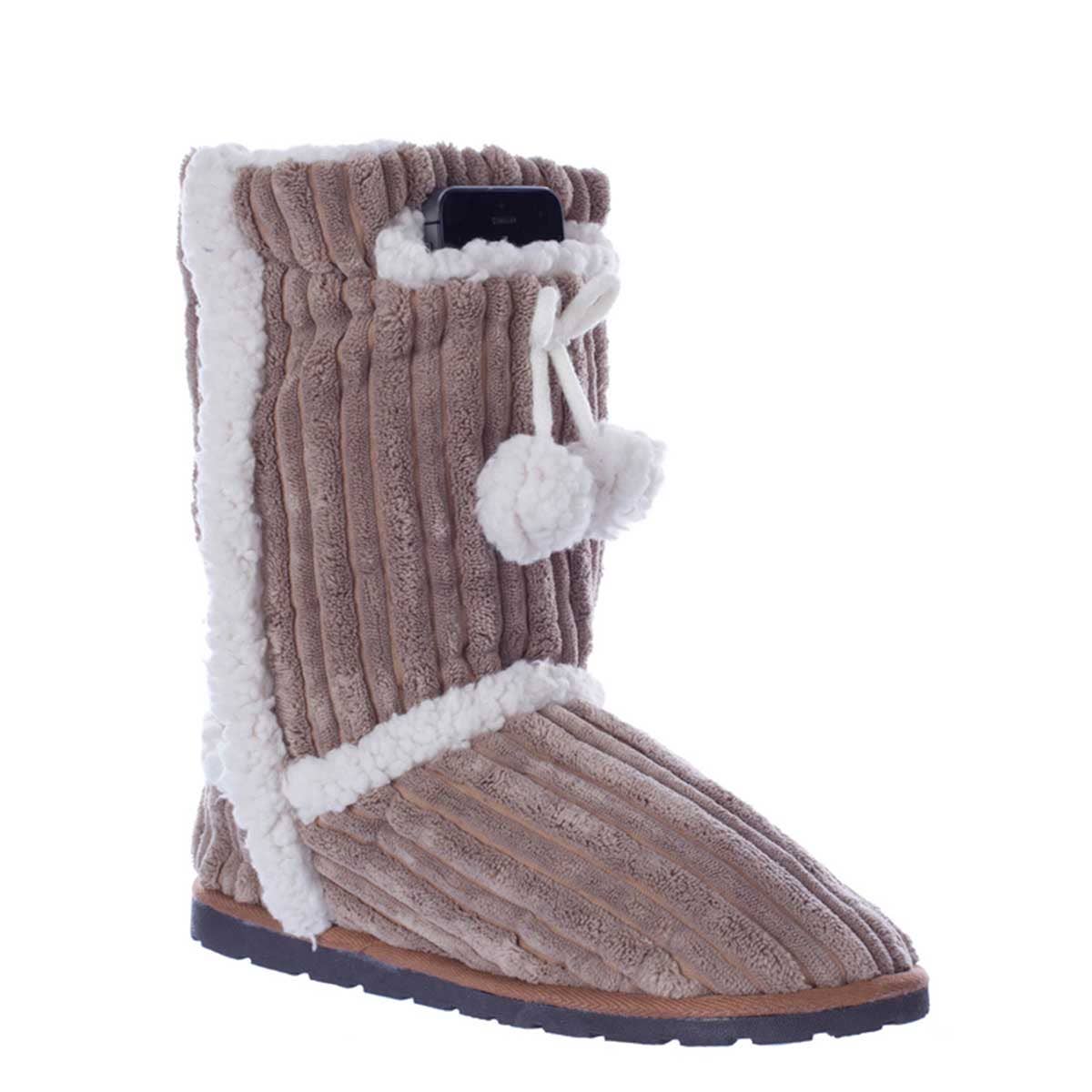 KRE PRIME women's outdoor fuzzy booties with hard sole and built-in phone pocket in tan, featuring cord laces and cozy fleece lining.