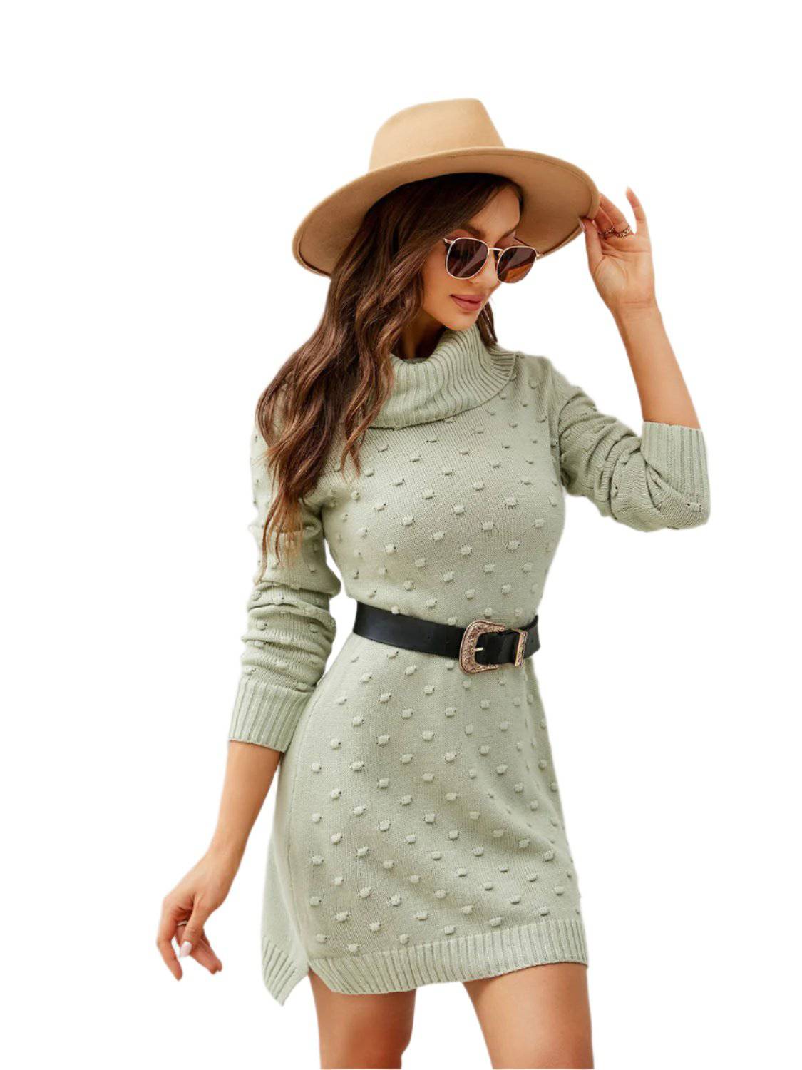 KRE PRIME women's turtleneck long sleeve sweater dress with slit detail, cozy knit design, perfect for stylish winter wear.