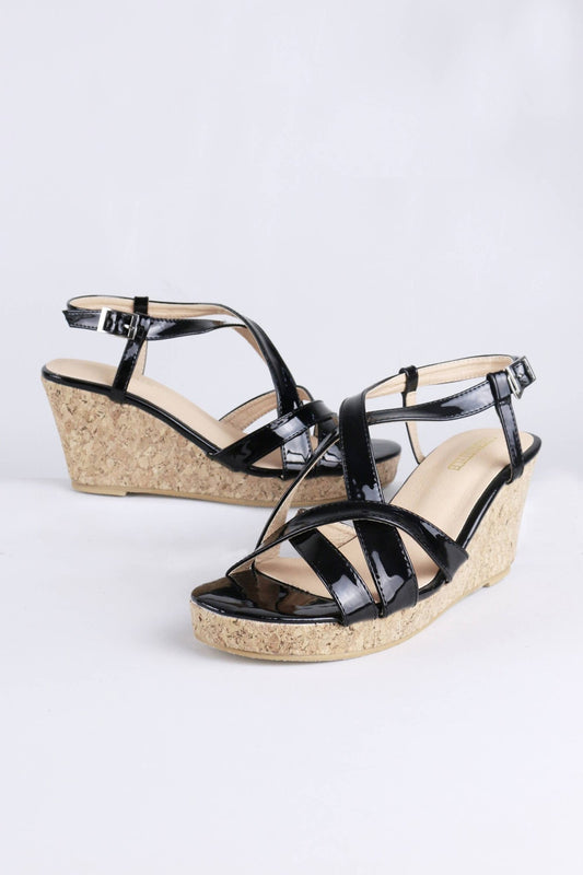 LMS Black Strappy Mid Height Wedged Sandal With Cork Sole - KRE Prime