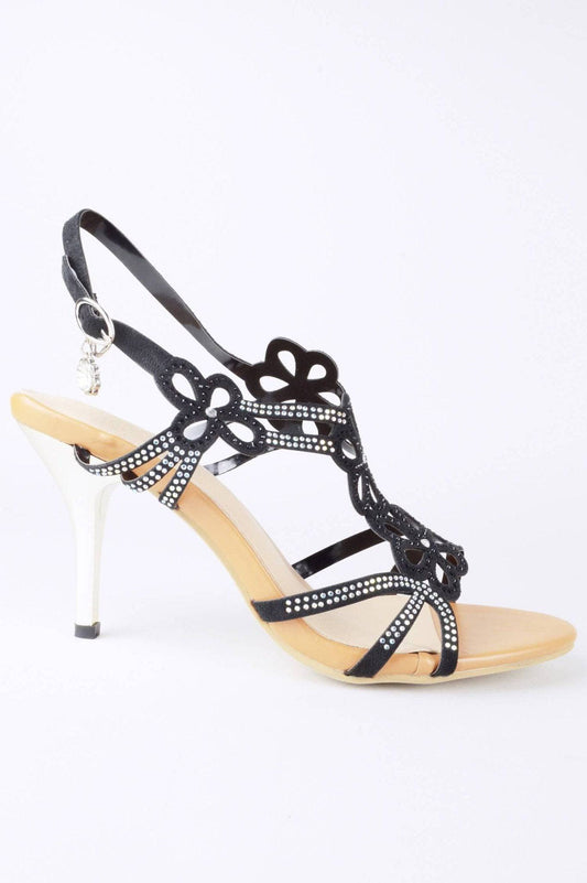 KRE PRIME women's black kitten heel sandal with floral laser cut-out design, stylish and elegant women’s heels shoe.