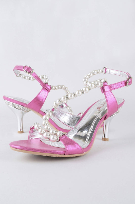 LMS Pink Metallic Kitten Heels With White Pearls - KRE Prime
