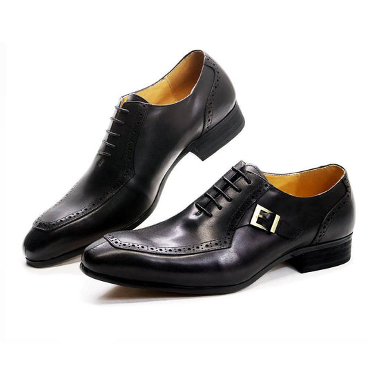 KRE PRIME men's luxury leather Oxford dress shoes in brown and black with pointed toes and lace-up design for formal occasions