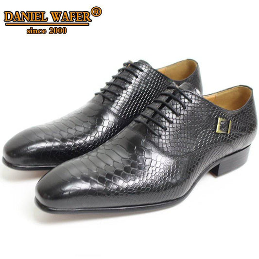 KRE Prime men's luxury Oxford dress shoes with snake skin print, pointed toe, lace-up design, in coffee black leather style.