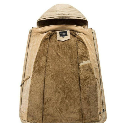Men's hooded military-style coat by KRE PRIME, featuring a rugged design and durable fabric, perfect for outdoor wear.