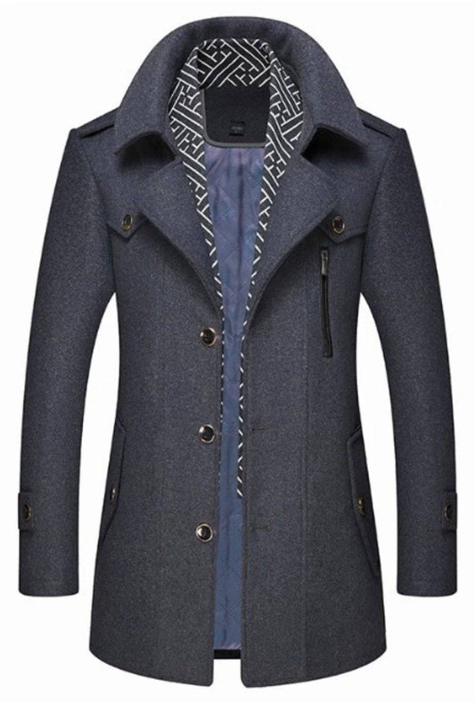 KRE Prime men's layered collar button-front mid-length coat, stylish jacket with classic design and tailored fit.