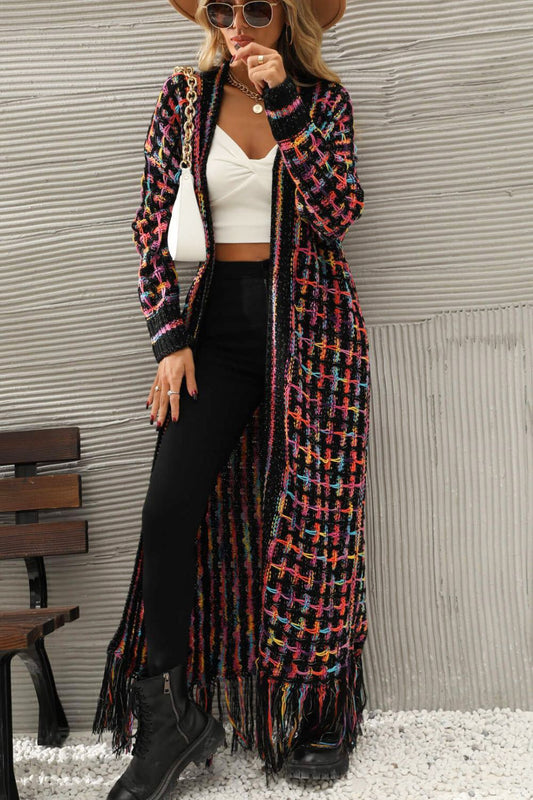 Multicolored Open Front Fringe Hem Cardigan - KRE Prime Deals