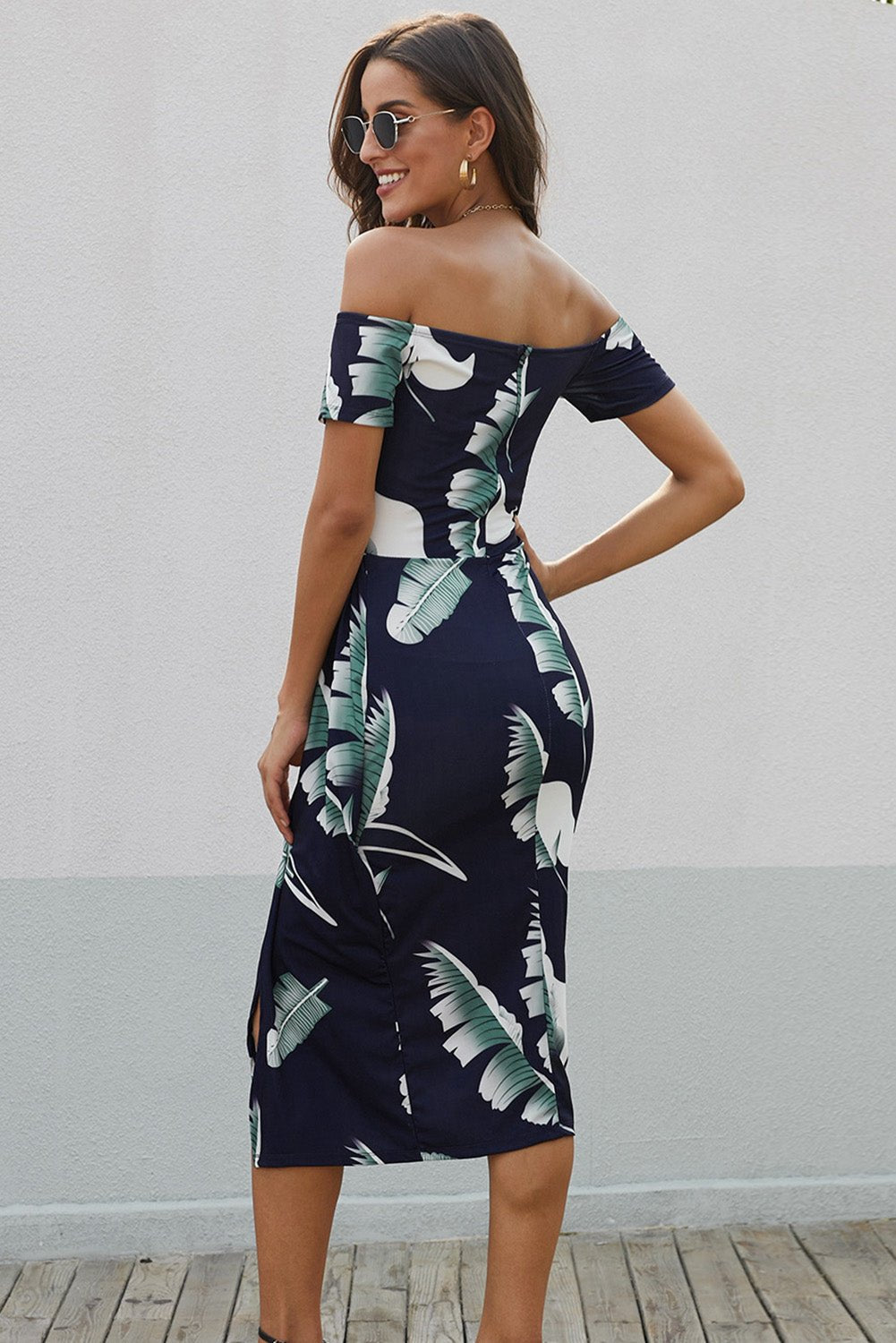 Printed Off-Shoulder Split Dress - KRE Prime Deals