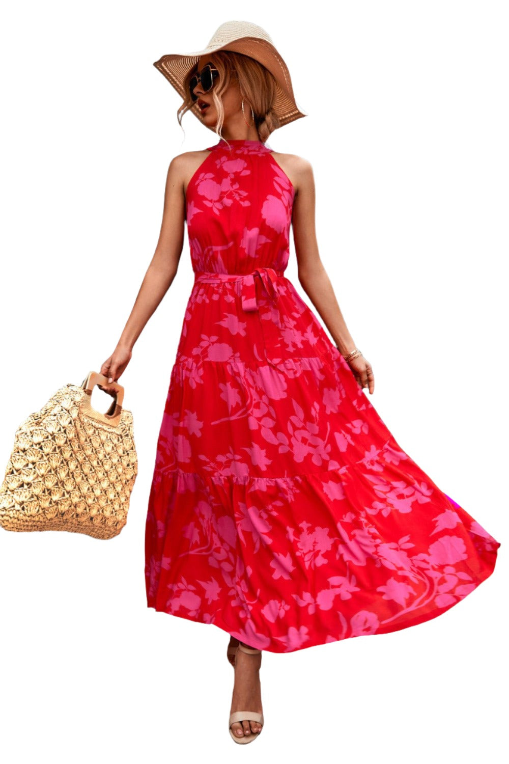 Printed Sleeveless Tie Waist Maxi Dress - KRE Prime Deals