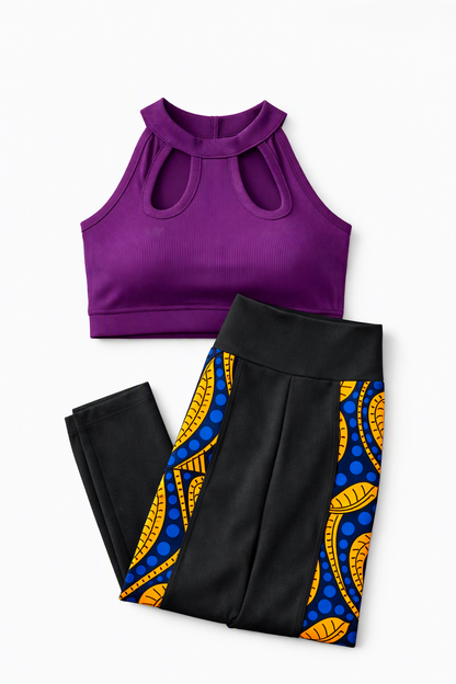 Purple KRE Prime activewear set featuring a crop top and matching leggings for back-to-school athletic style.