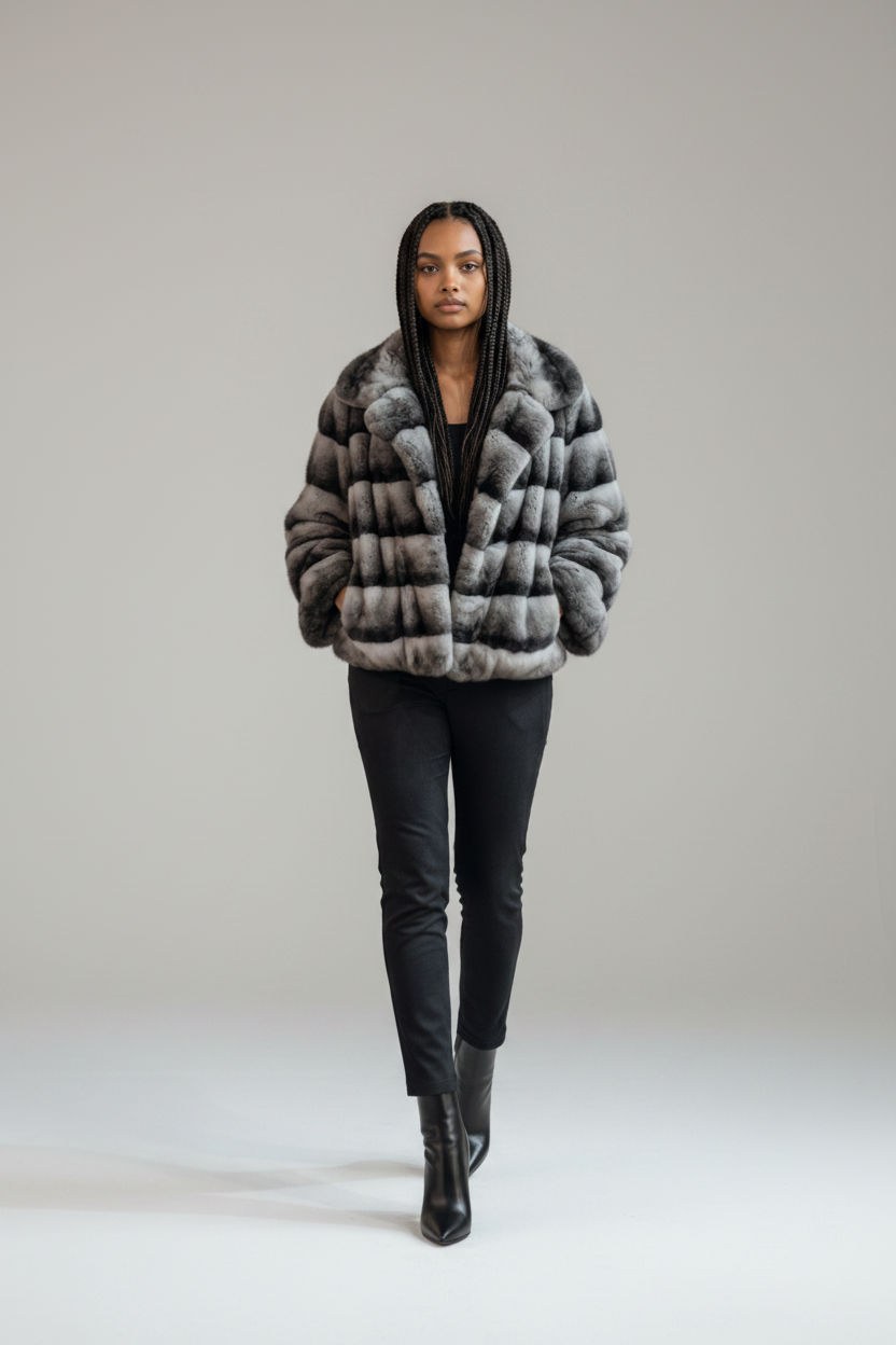Woman wearing a fur coat walking in a blurred indoor setting