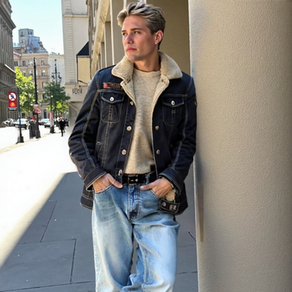 KRE PRIME Men Denim Jean Jacket in Black with Inner Faux Fur - KRE Prime