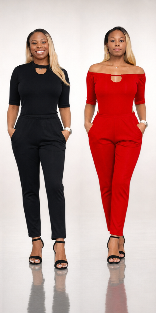 KRE Prime Black & Red Convertible Jumpsuit — Keyhole top with black side stripe detail