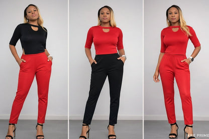 Three images of a woman modeling a black and red outfit in different poses.