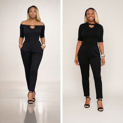 KRE Prime Black & Red Dual-Top Convertible Jumpsuit — two looks side by side, Bardot and Keyhole tops