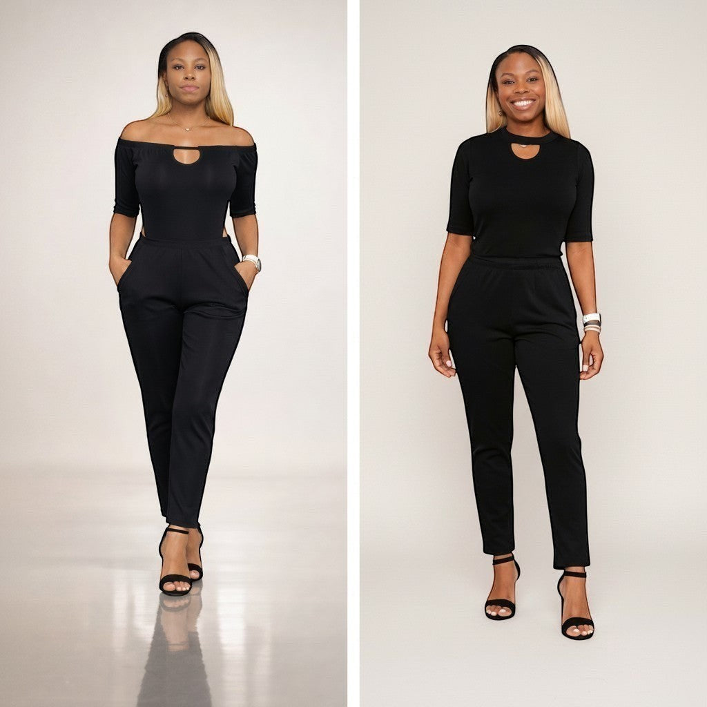 KRE Prime Women's Dual-Top Convertible Jumpsuit — two looks side by side, Bardot and Keyhole tops