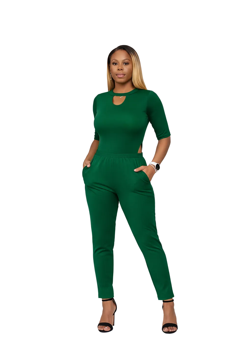 Emerald green KRE Prime women's dual-top convertible jumpsuit with restroom-friendly design, featuring versatile styling options.