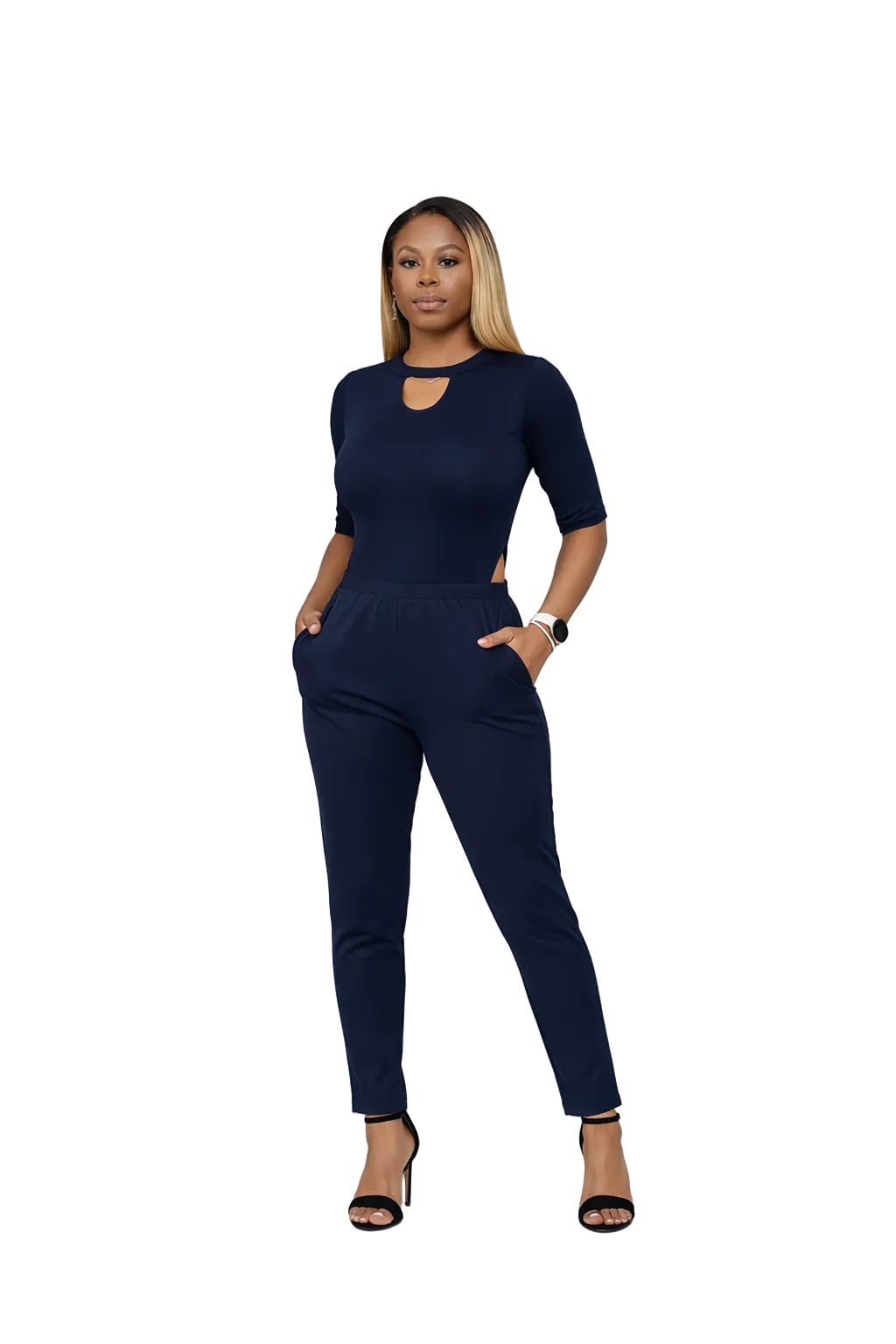 Navy blue KRE Prime women's dual-top convertible jumpsuit with adjustable straps and relaxed fit, designed for comfort and style.