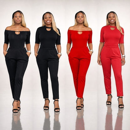 KRE Prime Black & Red Convertible Jumpsuit — Keyhole top with black side stripe detail - four looks