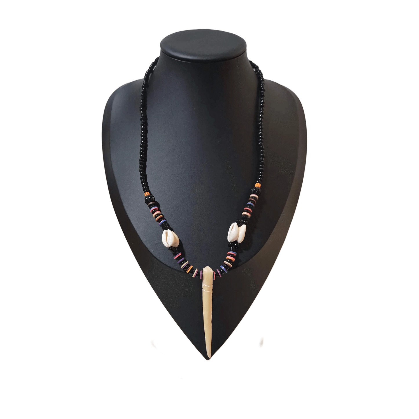 Unisex beaded pendant necklace with tribal-inspired design by KRE PRIME, handcrafted with colorful West African beads.