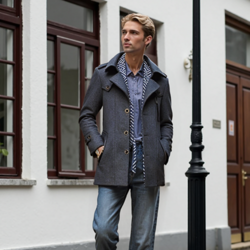 KRE PRIME Men Layered Collar Button Front Mid Length Coat - KRE Prime