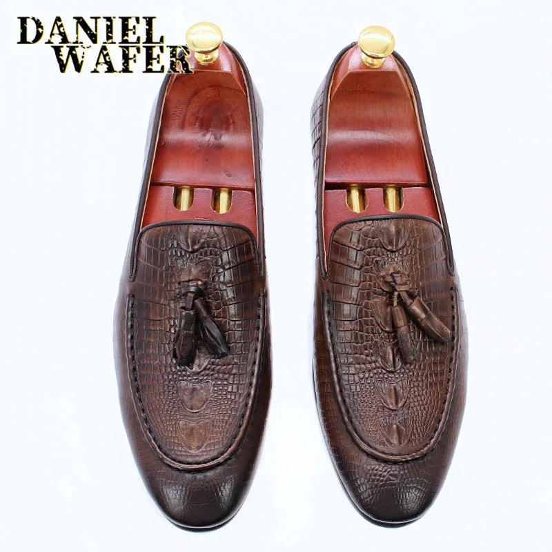 KRE PRIME Men Loafers Shoes Black Coffee Crocodile Prints Slip on Tassels Loafers Casual Men Shoes Formal Dress Leather Shoes Men - KRE Prime