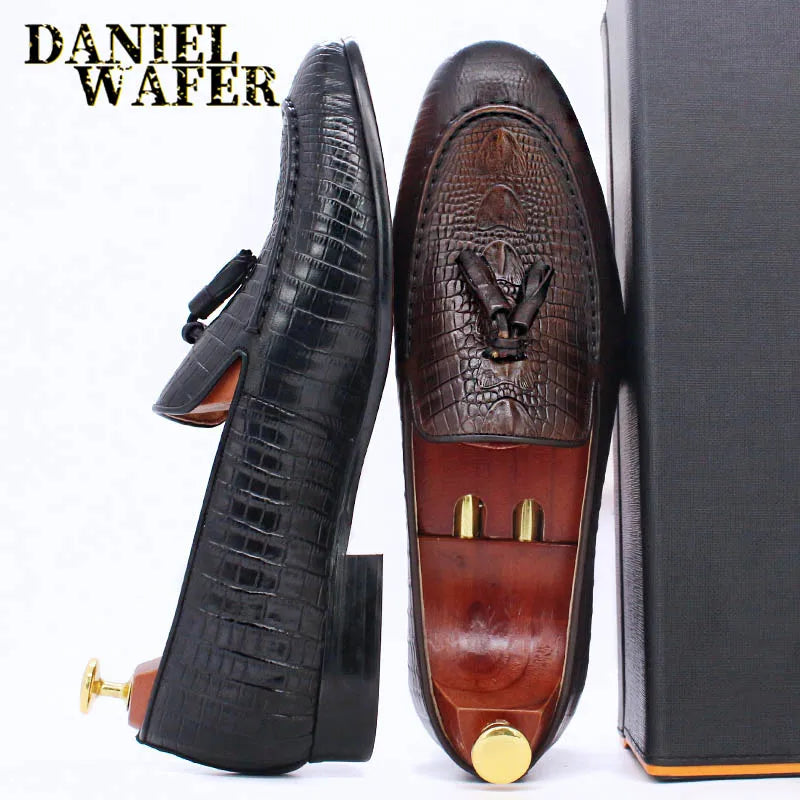 KRE PRIME Men Loafers Shoes Black Coffee Crocodile Prints Slip on Tassels Loafers Casual Men Shoes Formal Dress Leather Shoes Men - KRE Prime