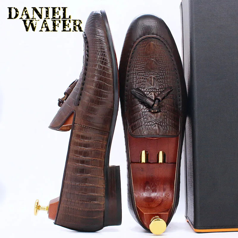 KRE PRIME Men Loafers Shoes Black Coffee Crocodile Prints Slip on Tassels Loafers Casual Men Shoes Formal Dress Leather Shoes Men - KRE Prime