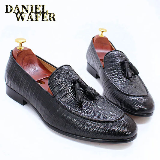 KRE PRIME Men Loafers Shoes Black Coffee Crocodile Prints Slip on Tassels Loafers Casual Men Shoes Formal Dress Leather Shoes Men - KRE Prime