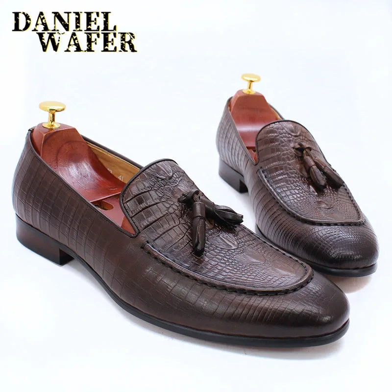 KRE PRIME Men Loafers Shoes Black Coffee Crocodile Prints Slip on Tassels Loafers Casual Men Shoes Formal Dress Leather Shoes Men - KRE Prime