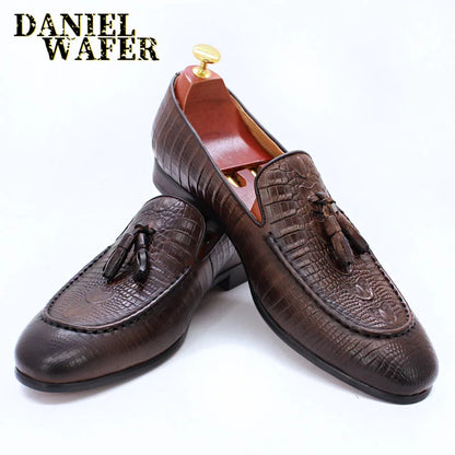 KRE PRIME Men Loafers Shoes Black Coffee Crocodile Prints Slip on Tassels Loafers Casual Men Shoes Formal Dress Leather Shoes Men - KRE Prime