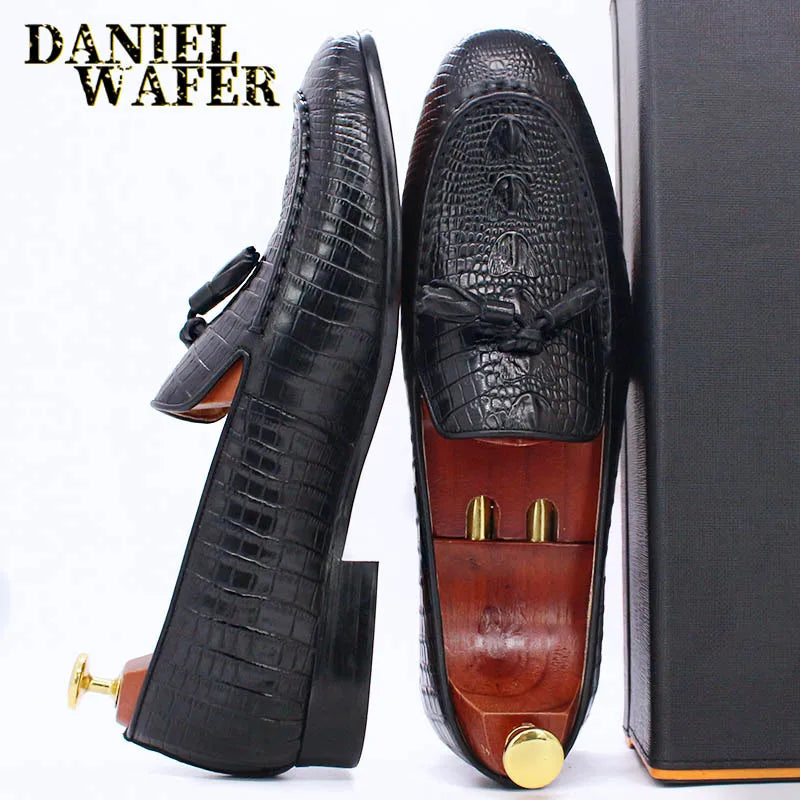 KRE PRIME Men Loafers Shoes Black Coffee Crocodile Prints Slip on Tassels Loafers Casual Men Shoes Formal Dress Leather Shoes Men - KRE Prime