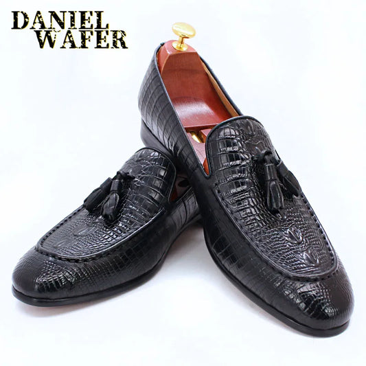 KRE PRIME Men Loafers Shoes Black Coffee Crocodile Prints Slip on Tassels Loafers Casual Men Shoes Formal Dress Leather Shoes Men - KRE Prime