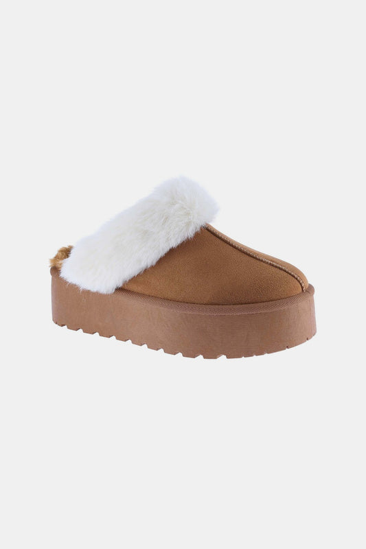 KRE Prime Women Thick Bottom Fur Trim Snow Tan Slippers - KRE PRIME ®