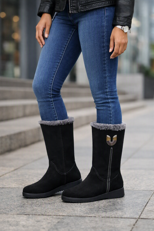 KRE Prime Women's Warm Chelsea Fur Mid-Calf Boots, Black - KRE Prime