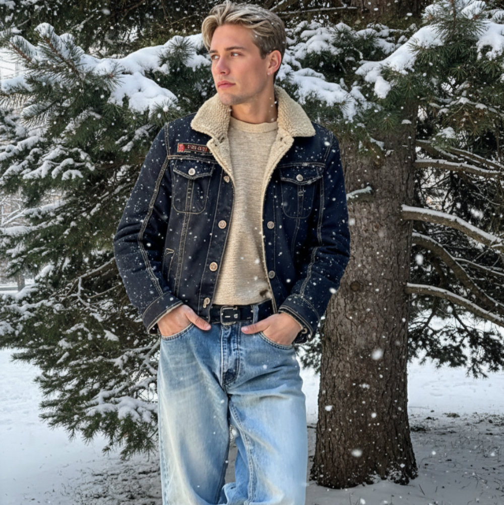 KRE PRIME Men Denim Jean Jacket in Black with Inner Faux Fur - KRE Prime