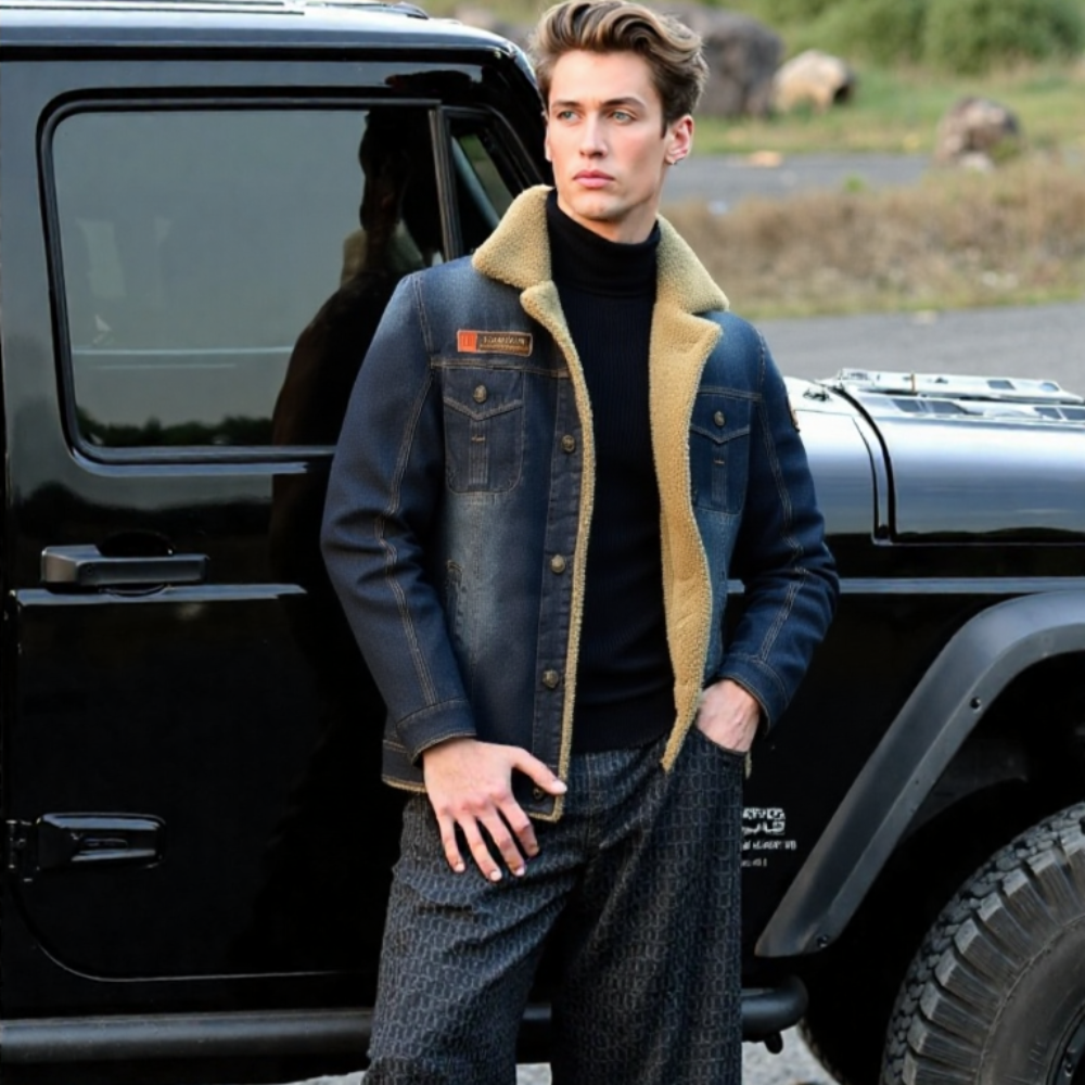 KRE PRIME Men Denim Jean Jacket in Black with Inner Faux Fur - KRE Prime