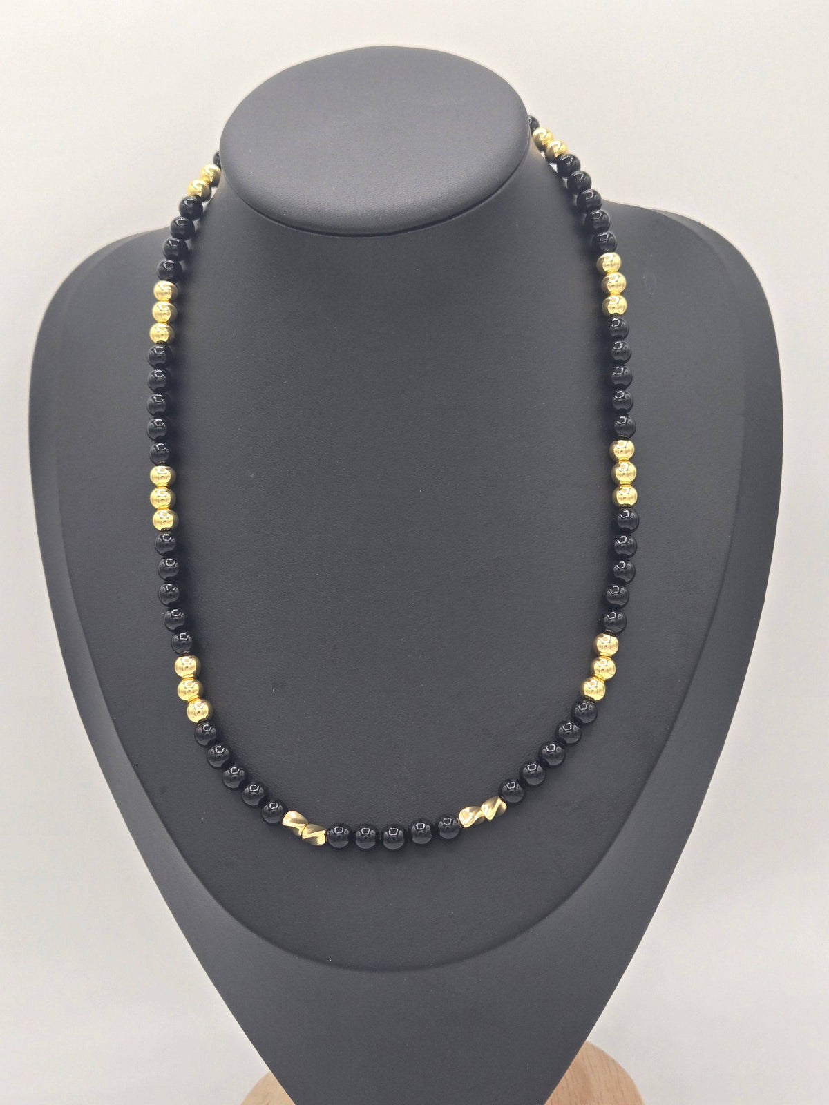 KRE PRIME women's 18K gold plated necklace with black beads, elegant opulence jewelry for women, detailed close-up image.