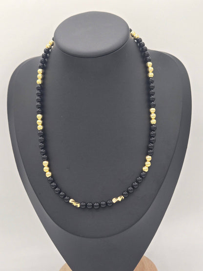 KRE PRIME women's 18K gold plated necklace with black beads, elegant opulence jewelry for women, detailed close-up image.